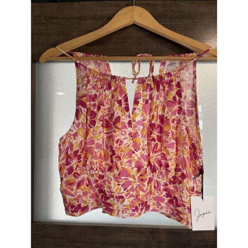 Japna Pink Yellow Floral Crop Top‎ Sz L Deep V-Neck Smocked Blouse